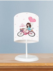 Resim Mekta Home Bebek Ve Çocuk Odası Bisikletli Kız Ve Kalpli Balon Desenli Abajur 