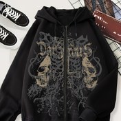 Resim Kadınlar İçin Casual Kapüşonlu Sweatshirt - Koyu Yeşil Kafatası ve Kemik Desenli, Fermuarlı Ön, Makinede Yıkanabilir, Tüm Mevsimler İçin Rahat Kesim, Günlük Kullanım 