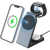 Resim Sw18 Manyetik 3'ü 1 Arada Metal Kablosuz Şarj Cihazı Masaüstü Telefon Kulaklık Smartwatch İçin Şarj Standı Siyah 