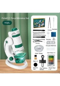 Resim Triline Mikroskop Deney Seti 180x Portatif Led Işıklı Eğitici Öğretici 21 Parça Mobil Mini Taşınabilir 
