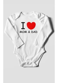 Resim I Love Mom And Dad Baskılı Bebek Zıbını Çıtçıtlı Body %100 Pamuk Uzun Kol Beyaz 