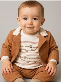 Resim Erkek Bebek Pamuklu Timsah Desenli Body Ceket Pantolon 3'lü Takım-16289 Kahverengi 