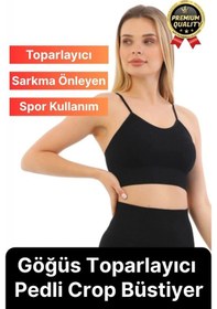 Resim Svein Göğüs Toparlayıcı Sarkma Önleyen Gündelik Spor Kullanım İnce İp Askılı Pedli Çizgili Crop Büstiyer Siyah 