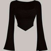 Resim Kadınlar için Şık Kare Yaka Düz Renkli Tişört, Polyester Örgü Kumaş, Kısa Boy, Esnek İnce Kesim, İlkbahar/Sonbahar Modası Üst 