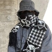 Resim 1 adet Kadın Kafatası Baskılı Eşarp - Siyah & Beyaz Ekose Y2K Gotik Tasarım, Sıcak Kışlık Boyun Isıtıcı & El Örtüsü, Halloween ve Günlük Kıyafetler için Makinede Yıkanabilir Polyester, Rüzgar Koruma Aksesuarı, Keskin Moda Aksesuar 