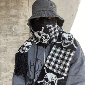 Resim 1 adet Kadın Kafatası Baskılı Eşarp - Siyah & Beyaz Ekose Y2K Gotik Tasarım, Sıcak Kışlık Boyun Isıtıcı & El Örtüsü, Halloween ve Günlük Kıyafetler için Makinede Yıkanabilir Polyester, Rüzgar Koruma Aksesuarı, Keskin Moda Aksesuar 