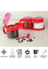 Resim Kırmızı 3lü Standlı Kapaklı Kaşıklı Cam Hava Sızdırmaz Baharatlık Takımı Kc-386 ŞEffaf 