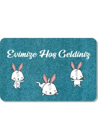 Resim Dijital Baskılı Kapı Önü Paspas Hoşgeldiniz Yazılı Çiçek Desen Ve Tavşan Iç Ve Dış Kapı Yıkanabilir Gri 