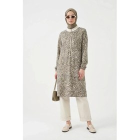 Resim Armine Trend Kendinden Desenli Yakası Ribanalı Yarım Fermuarlı Tunik Haki 26YT441 