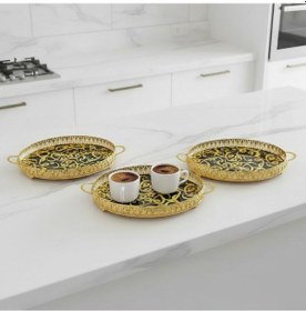 Resim 3 Adet Gold Renk Vav Desen Metal Çerçeveli Cam Nişan-servis Tepsi Seti 28 19 Cm Rosegold 