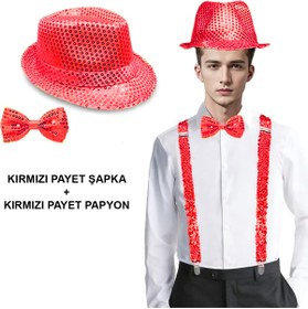 Resim AyrStore Kırmızı Payetli Şapka Ve Papyon Seti – Parıltılı Yetişkin Kostüm Seti 