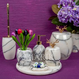 Resim MIARIK DESIGN & DEKORASYON Dekoratif Leylak Mermer Banyo Seti Takımı 7 Li Pirinç Detaylı Tasarım Set 