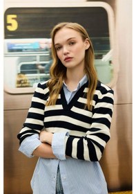 Resim Defacto Slim Fit Dar Kesim Polo Yaka Çizgili Triko Kazak A2060AX23AU Lacivert 