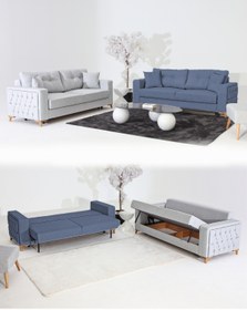 Resim Velura Home & Living Nola Koltuk Takımı 3+3 & Bazalı Yataklı Koltuk & Kanepe - Keten 