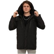 Resim Erkek Polarlı Kürklü Su Ve Rüzgar Geçirmez Kapüşonlu Kışlık Mont & Kaban & Parka Siyah 