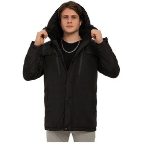 Resim Erkek Polarlı Kürklü Su Ve Rüzgar Geçirmez Kapüşonlu Kışlık Mont & Kaban & Parka Siyah 