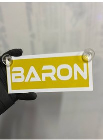 Resim Sarı Renk Üzeri Beyaz Renk Baron Yazılı Vantuzlu Cam Süsü 