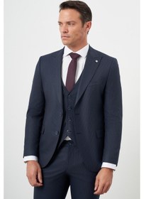 Resim Morven Erkek Lacivert Poliviskon Trend Yelekli Çizgili Desen Slim Fit Sivri Yaka Takım Elbise Lacivert 
