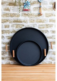 Resim 2'li Ahşap Kulplu 45 Cm Siyah Metal Tepsi Ve 30 Cm Siyah Tepsi Çay Kahve Sunum Tepsisi Siyah 