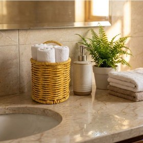 Resim Buffer Yuvarlak Hasır Dokulu Plastik Rattan Kaşıklık & Çatallık Askılı Kendiliğinden Tutmalı Çok Amaçlı Mutfak Organi Açık Kahverengi 