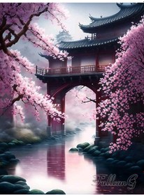 Resim Kırmızı Japon Kiraz Çiçekleri Elmas Boyama Yeni Gelenler Şelale Tapınak Manzara Tam Takl Mozaik Çapraz Dikiş Kanvas Tablo 56919475 