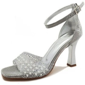 Resim Gümüş Renk Şeffaf Boncuklu Bant Kadeh Topuk Kadın Abiye Ayakkabı Gümüş 