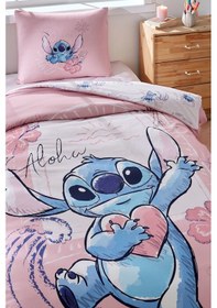 Resim Özdilek Stitch Aloha Tek Kişilik Disney Lisanslı Lastikli Çarşaf Çocuk Nevresim Takımı Pembe 