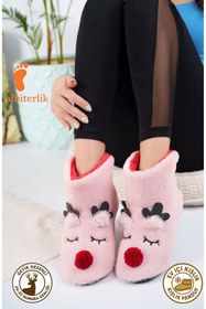 Resim AlbiShoes Kız Çocuk Geyik Figürlü Ev Botu Panduf Çocuk Peluş Rahat Sessiz Kaymaz Taban Ev Ayakkabısı 
