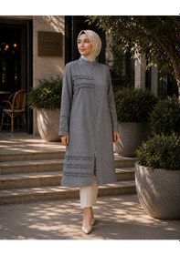 Resim Modern Hakim Yaka Tesettür Kap Çilek Kumaş Rahat Kesim Gri 