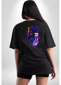 Resim Gamer Oyuncu Kulaklığı Renkli Pamuklu Unisex Oversize Sırt Dijital Baskılı Siyah T-shirt Siyah 