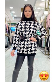 Resim Minimoda Kids Balıkçı Yaka Kazayağı Desenli Kemerli Kız Triko Tunik 