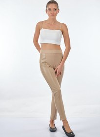 Resim Vedi Minimalist Deri Detaylı Slim Fit Kadın Tayt - Günlük Stil - Bej / 38 