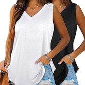 Resim 2 Paket Kadın Rahat V Yaka Kolsuz Tank Top, Düz Renkli Polyester Örgü Yazlık Yelekler, Bahar/Yaz İçin Bol Kesim 