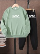 Resim LePold 3 Iplik Üst Mint Alt Siyah Nasa Baskılı Kız/erkek Oversize Sweatsihrt & Eşofman Takım 