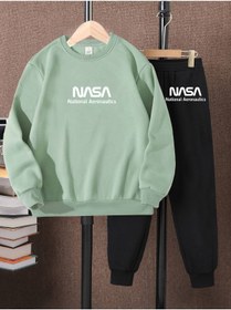 Resim LePold 3 Iplik Üst Mint Alt Siyah Nasa Baskılı Kız/erkek Oversize Sweatsihrt & Eşofman Takım 