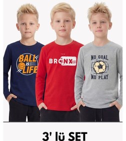 Resim Fyk Kids 3'lü Yuvarlak Yakalı Baskı Detaylı Uzun Kollu Basic 3 Parça Erkek Çocuk Tişört Lacivert - Kırmızı 