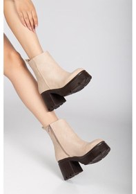 Resim Topuklu Bot Kadın Platform Ten Yüzüdüz Fermuarlı-4179 Ten 