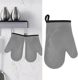 Resim Nikou Silikon Fırın Eldiveni Yüksek Sıcaklığa Dayanıklı Kaymaz Mutfak Pişirme Eldiveni Pamuklu Astarlı (Gri) 