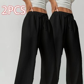 Resim Kadınların Yüksek Bel Düz Bacaklı Pantolonları, Bağcıklı Bel - Rahat ve Şık Siyah Polyester Pantolonlar, Günlük Kıyafetler, Egzersizler ve Sosyal Etkinlikler İçin, Çok Yönlü Giyim | Düz Bacaklı Pantolonlar | Pürüzsüz Dokulu 