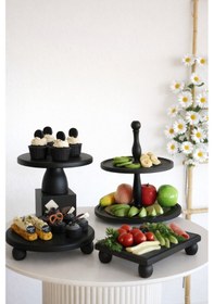 Resim Justwood Siyah 4lü 2 Katlı Kek Standı, 25 Cm Pastalık, 25 Cm Risus, 17x25 Risus Ahşap Çeyiz Seti Siyah 