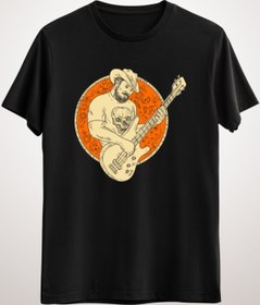 Resim GreenMint Unisex Siyah Cowboy Playing Bass Gitar Guitar Circle Drawing 