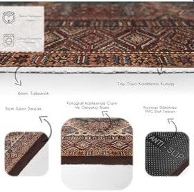 Resim RealHomes Kahverengi Zemin Pers Motifli Kilim Desenli Avangarde Vintage Oturma Odası Kaymaz Taban Saçaklı Halı HaliDik-Deluxe-11170, 150 x 300 