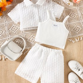 Resim Genç kızlar ve genç kadınlar için uygun. Dokulu kumaş gömlek ceket + Zhangzaikeng askılı + astarlı dokulu jaket şort üç parçalı takım, Açık hava için ideal 