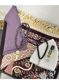 Resim Çeyizlik Hediyelik Seccade Set Astarlı Kadife Seccade, Eşarp, Kristal Tesbih, Erkek Tesbihi, Takke Ve Esanslı Özel Kutulu Lüks Hediye Mürdüm 