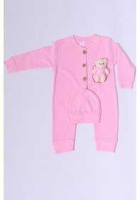Resim Hçm Bebek Tulum Şapka Hediyeli Düğmeli Ayıcık Detaylı C32 Pembe 