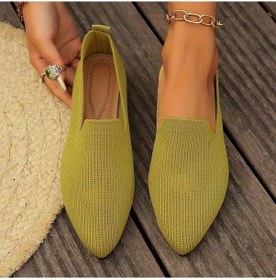 Resim Sonbahar Yeni Flyknit Sivri Burun Düz Taban Tek Ayakkabı Büyük Boy Casual Düz Renk Sığ Ağızlı Kadın Babet Ayakkabı Yeşil 