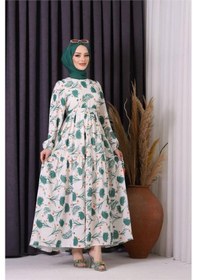 Resim Neşeli Butik Kadın Keten Desenli Tesettür Elbise Sms002 - Yeşil Yeşil 