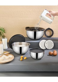 Resim Pratikşef 9 Parça Rendeli Karıştırma Ve Saklama Kabı Paslanmaz Çelik Blender Uyumlu 16-20-24 Cm Gümüş 