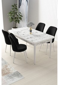Resim Canisa Nil Serisi 70x110 Sabit Mutfak Masası Takımı Beyaz Mermer Desen Masa 4 Siyah Sandalye Masa Beyaz Mermer Desen Sandalye Siyah 