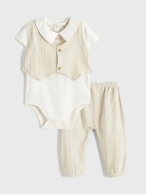 Resim LC Waikiki Ekru Yelek Görünümlü Müslin Erkek Bebek Çıtçıtlı Body Ve Pantolon (S6) 